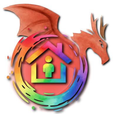 water colour like image of a red dragon with a rainbow circle over it. inside the circle is a house with a person inside